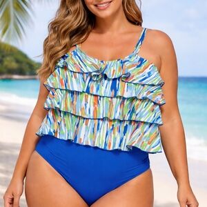 Ruffled Printed Tankini Bikini Top with Blue Bottoms